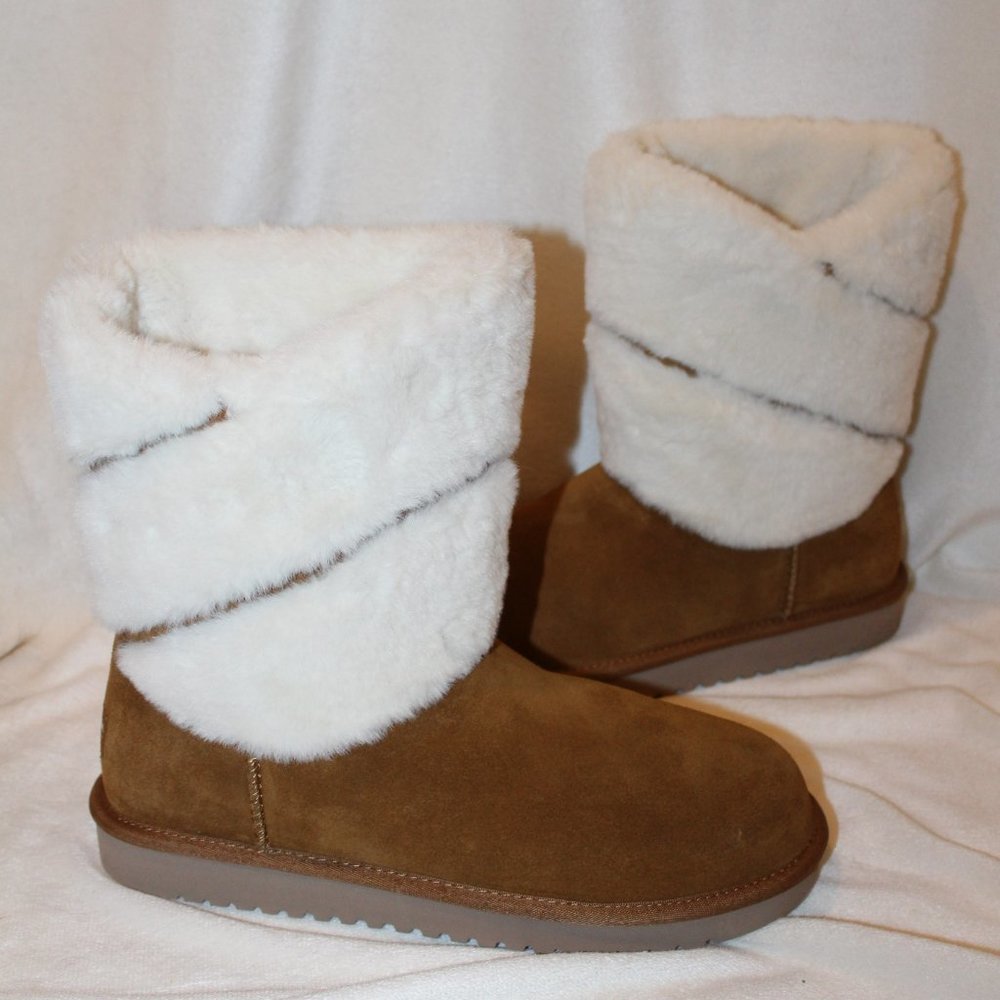 NEW UGG‎ KOOLABURRA WOMEN'S CLASSIC SHORT FUR CUFF CHESTNUT SUEDE BOOTS